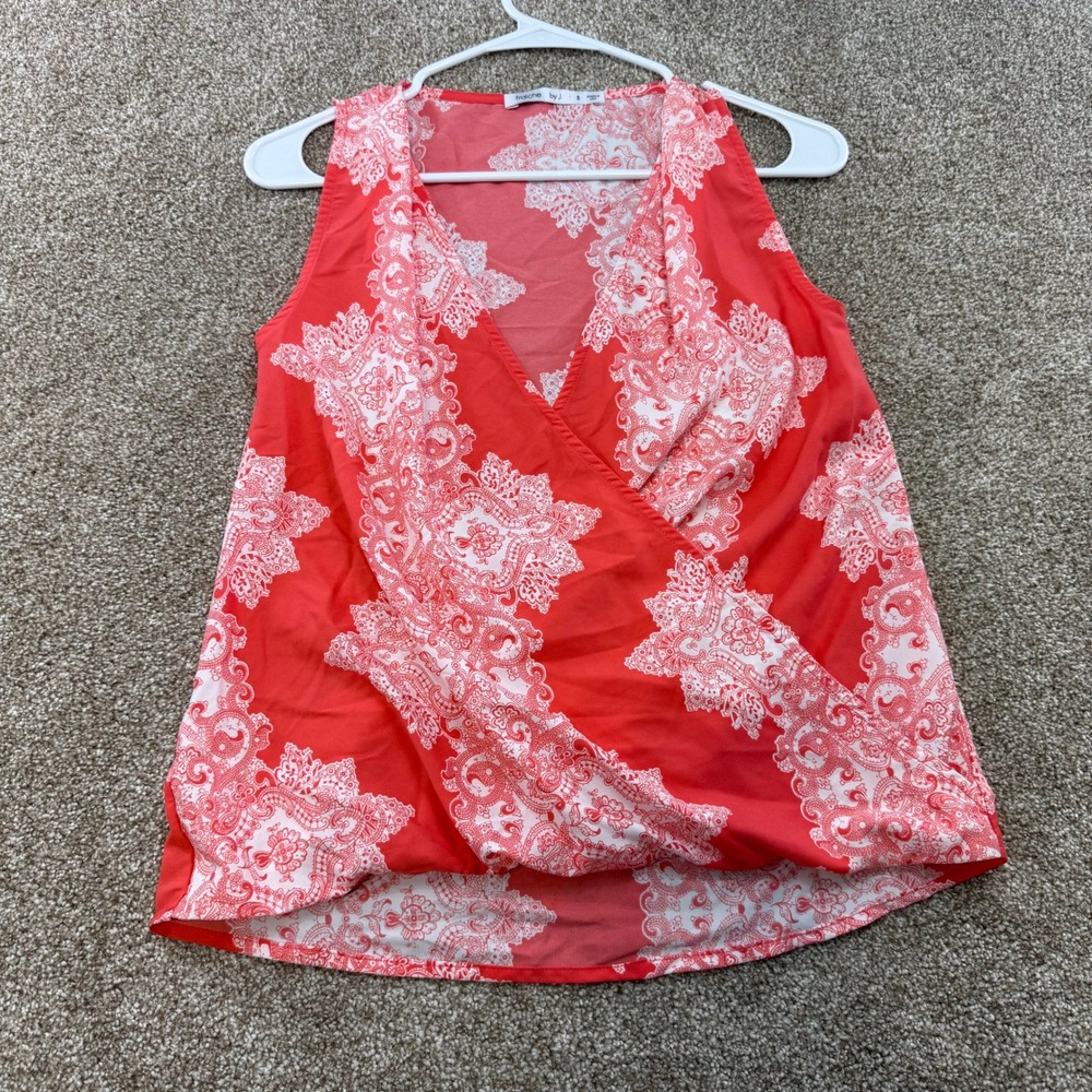 Fraiche by J Womens Small Coral Red White Paisley Sleeveless Wrap Front Blouse